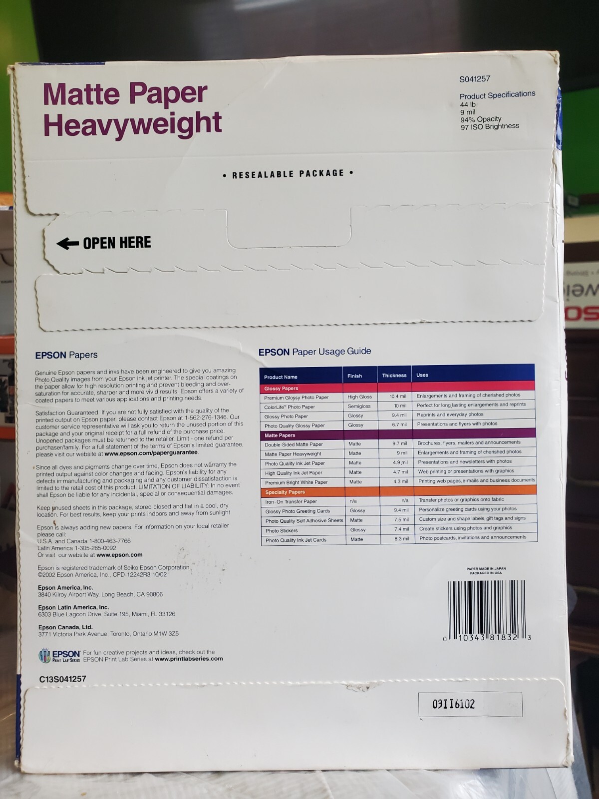 Epson , Matt Heavyweight, 8.5 x 11 open box 31 sheets