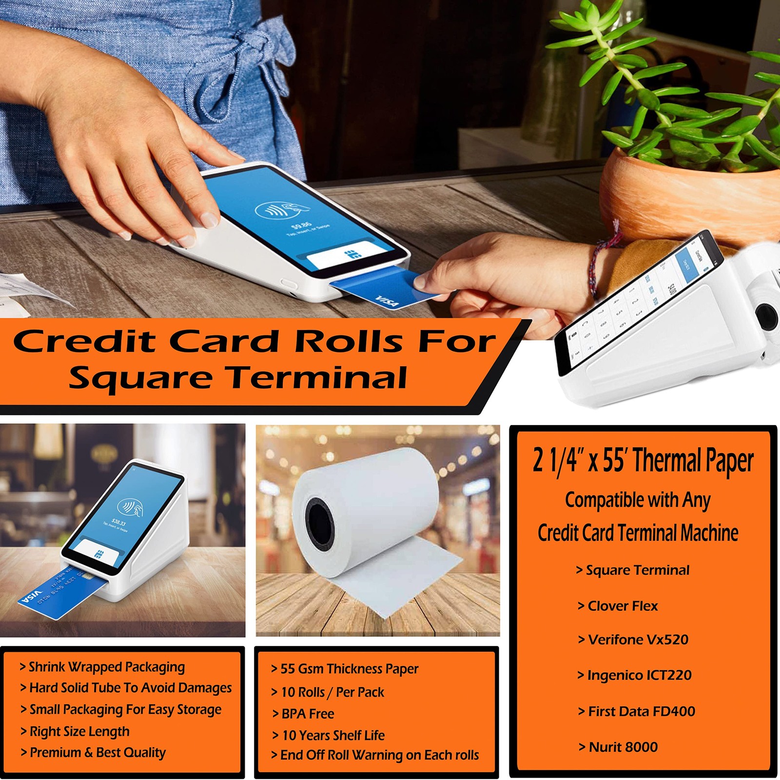 Receipt Paper Roll for Square Terminal Credit Card Machine 2 1/4 x 55 white
