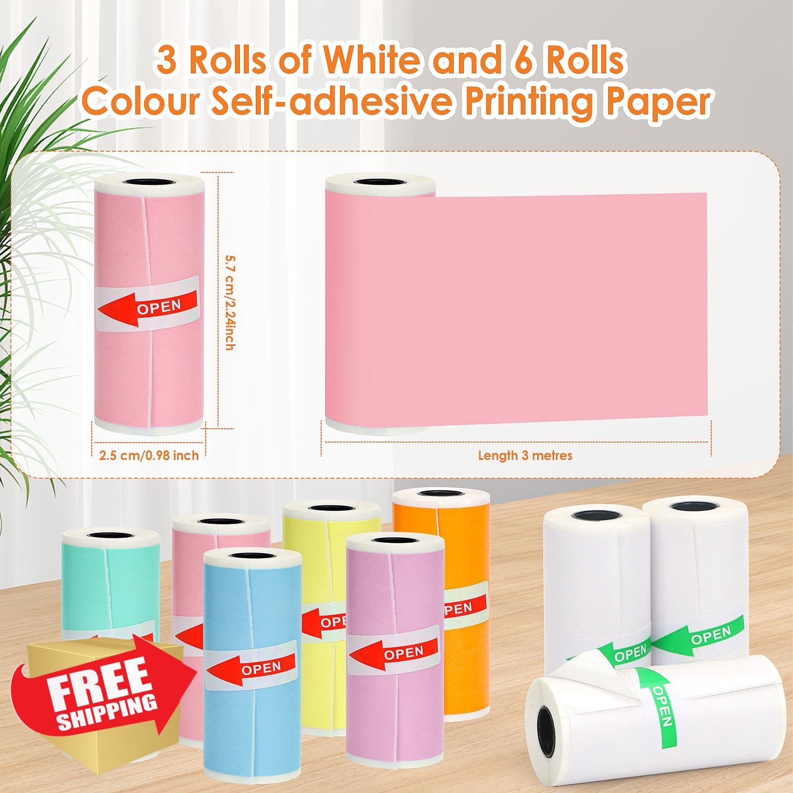 HuiJuKeJi 9 Rolls mini printer paper 57x25mm white/colored