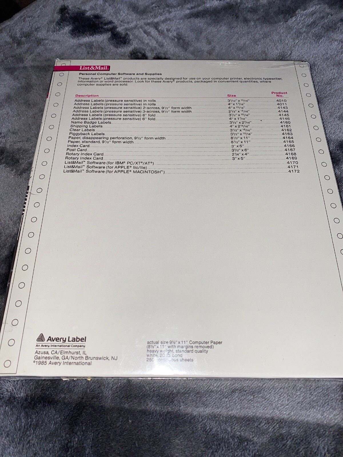 Avery 4165 Dot Matrix Printer Paper Continuous Feed Computer 250 Pages 8.5 x11