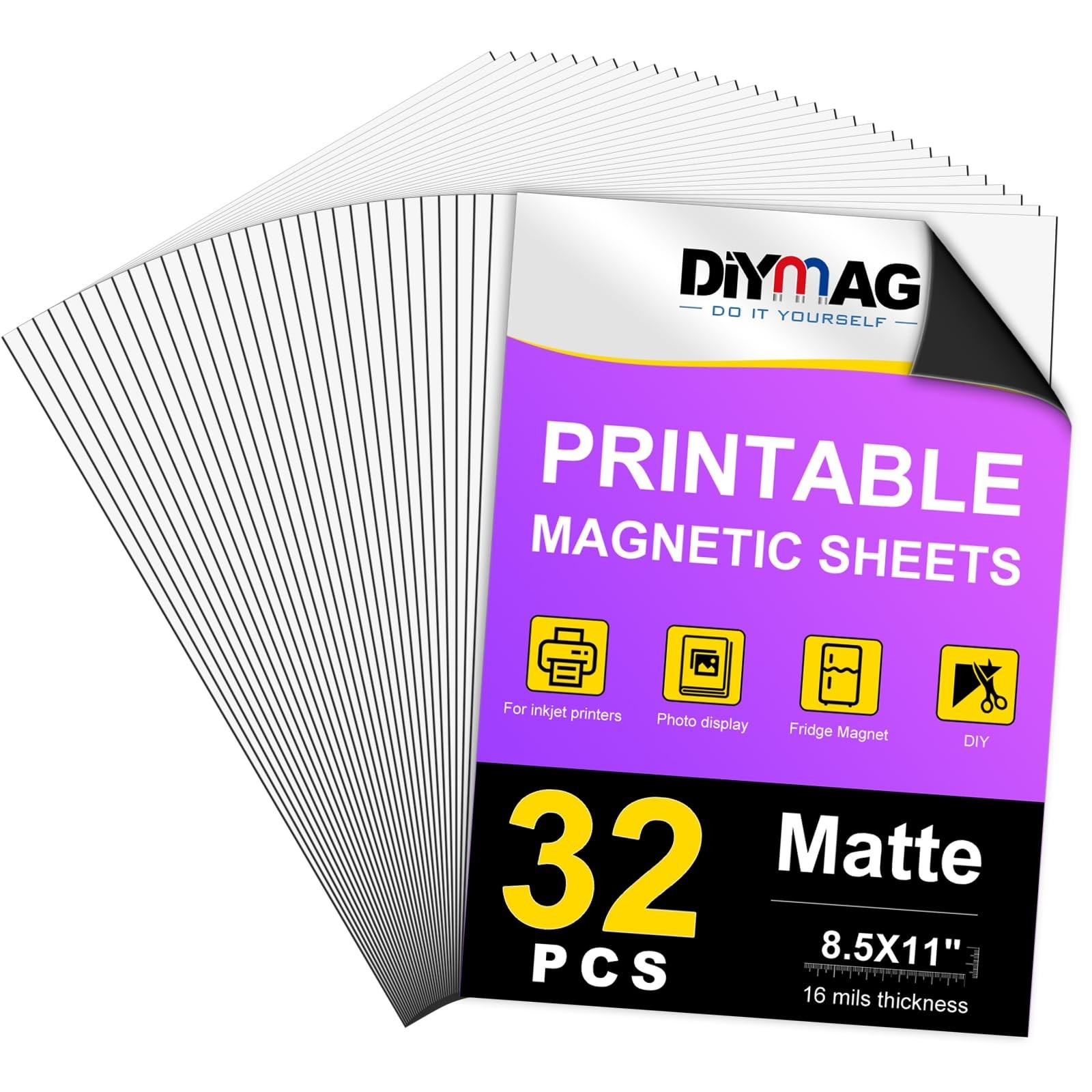 DIYMAG Printable Magnetic Sheets 32 Pack 8.5×11 Matte for Inkjet Printers