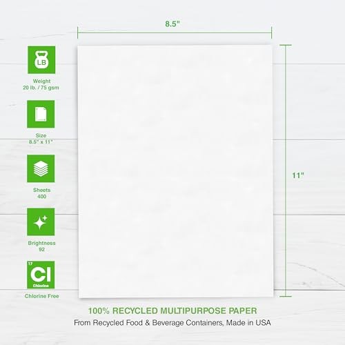 100% Recycled Printer Paper 8.5″ x 11″ White – 20 lb 3 Reams: 1,200 Sheets