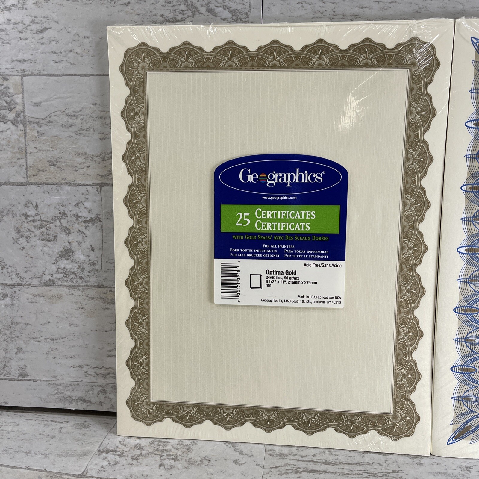 2 -25 Ct Geographics Unique Blue Certificates & Optima Gold & Seals 8-1/2″ x 11″