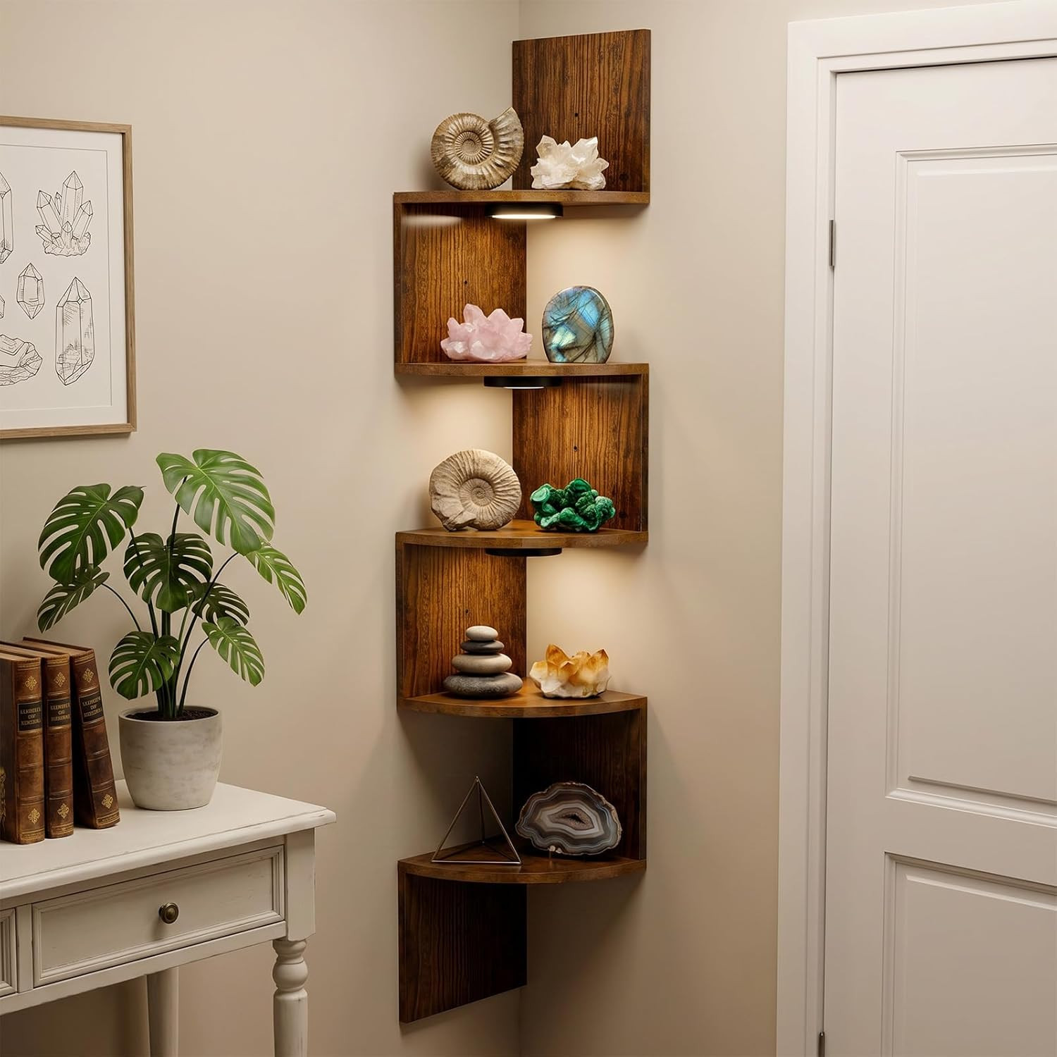 Corner Shelf Wall Mounted: 5-Tier Floating Shelves with Lights for Bedroom, Livi