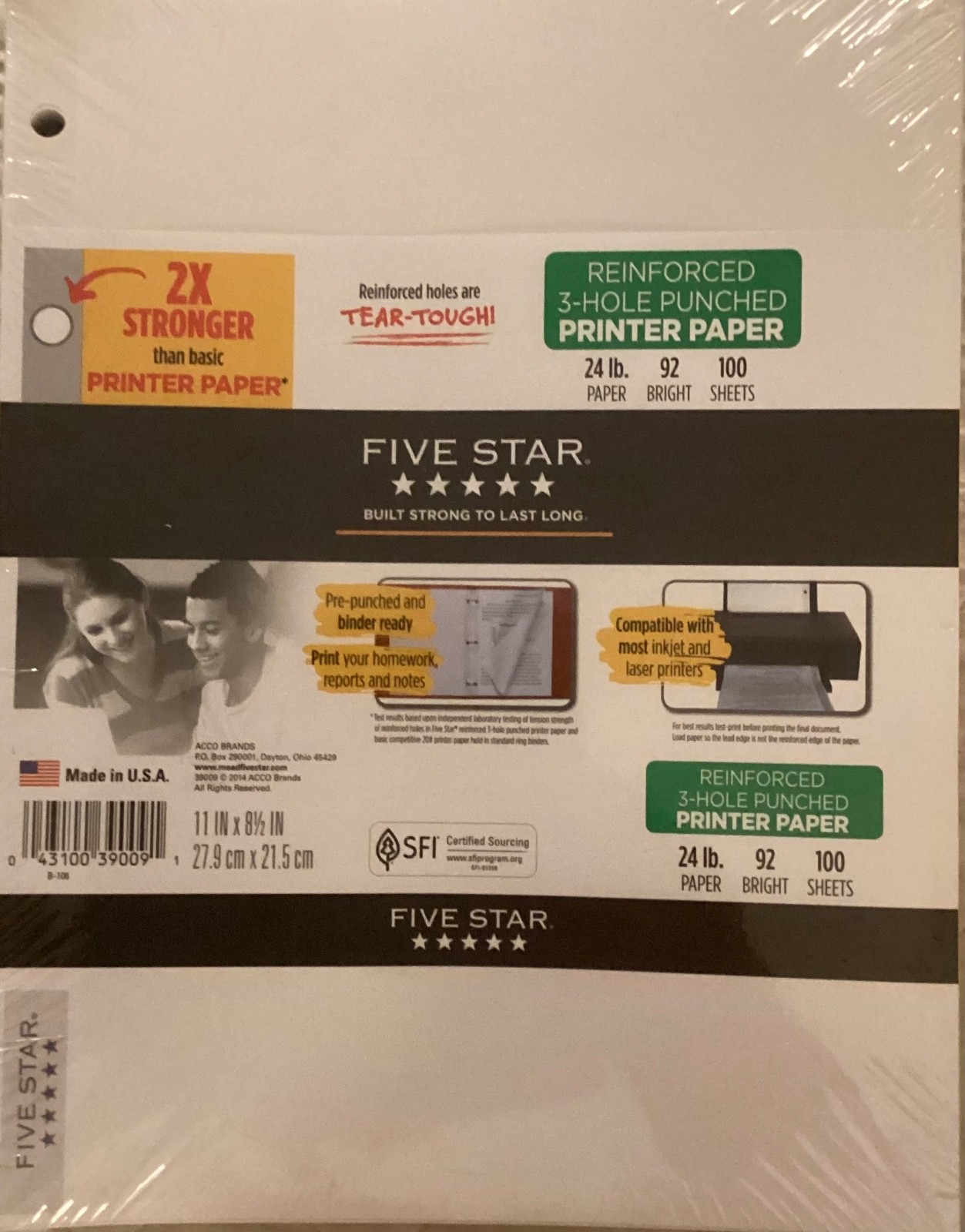 100 Sheets Five Star Reinforced 3-Hole Punch Printer Paper 24 lb. 92 Bright