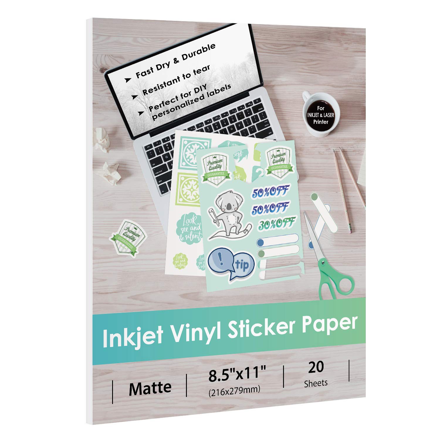 Inkjet Vinyl Sticker Paper, 20 Sheets, Waterproof, 8.5×11, Matte White