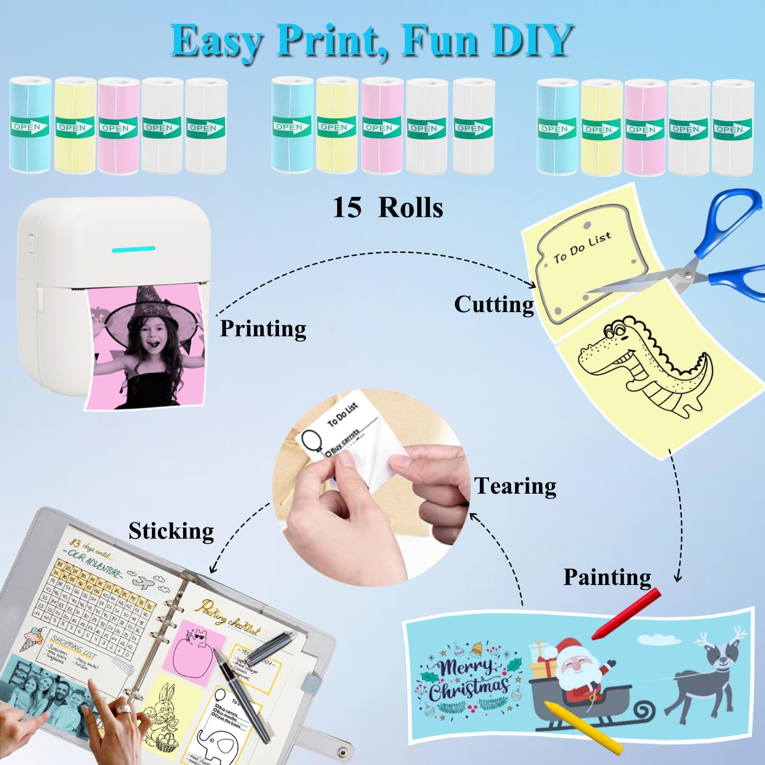 15 Rolls Thermal Sticker Paper for Mini Printer Sticker Maker Including 9 Co…