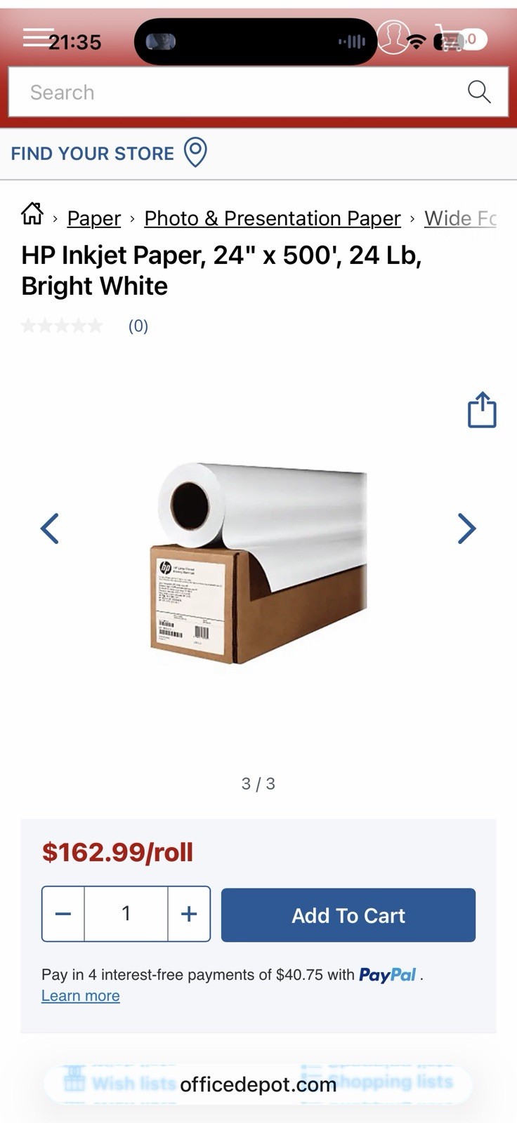 HP Bright White Inkjet Paper – White – 3-in Core – 24 Inches x 500 Feet L4Z44A